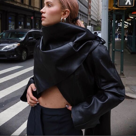 Mugler Jackets & Blazers - H&M X Mugler Genuine Leather Cropped Jacket With Scarf NWT